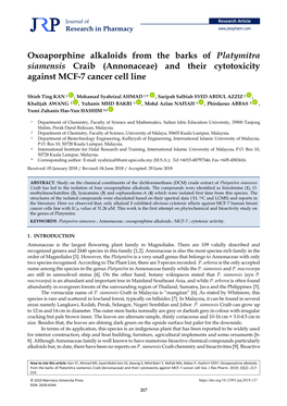 Oxoaporphine Alkaloids from the Barks of Platymitra Siamensis Craib (Annonaceae) and Their Cytotoxicity Against MCF-7 Cancer Cell Line