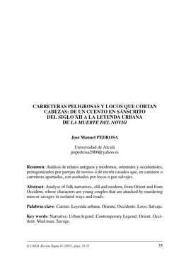 Carreteras Peligrosas Y Locos Que Cortan Cabezas: De Un Cuento En Sánscrito Del Siglo Xii a La Leyenda Urbana De La Muerte Del Novio