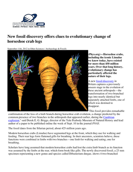 New Fossil Discovery Offers Clues to Evolutionary Change of Horseshoe Crab Legs