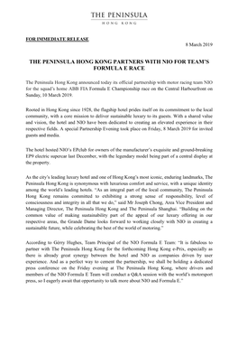 The Peninsula Hong Kong Partners with Nio for Team’S Formula E Race