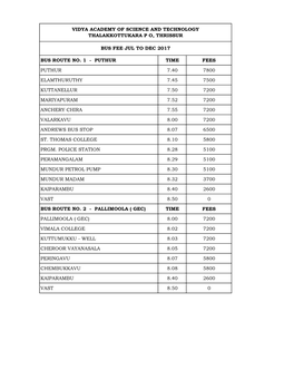 Bus Route No. 1 - Puthur Time Fees