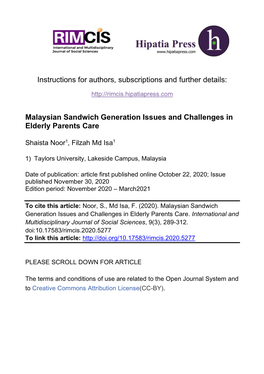 Malaysian Sandwich Generation Issues and Challenges in Elderly Parents Care