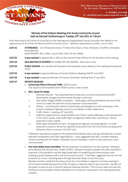 Minutes of the Ordinary Meeting of St Arvans Community Council Held Via Starleaf Conferencing on Tuesday 13Th July 2021 at 7.00 Pm