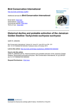 Bird Conservation International Historical Decline and Probable Extinction of the Jamaican Golden Swallow Tachycineta Euchrysea