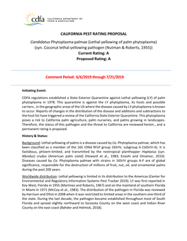 Pest Rating Proposal for Lethal Yellowing Palm Phytoplasma