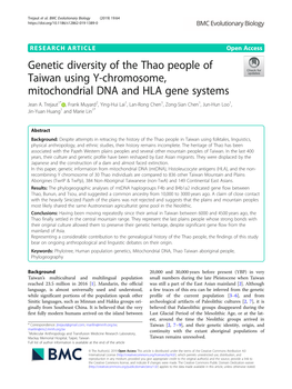 Genetic Diversity of the Thao People of Taiwan Using Y-Chromosome, Mitochondrial DNA and HLA Gene Systems Jean A