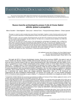 Nuove Ricerche Archeologiche Presso Il Sito Di Cures Sabini: Attività, Ipotesi E Prospettive