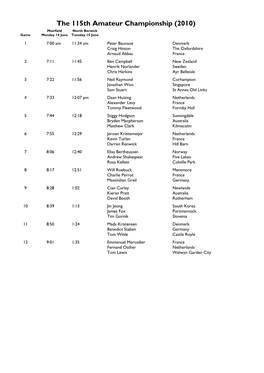 The 115Th Amateur Championship (2010) Muirfield North Berwick Game Monday 14 June Tuesday 15 June