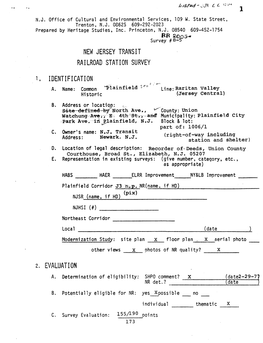 NEW JERSEY TRANSIT RAILROAD STATION SURVEY I, IDENTIFICATION 2. EVALUATION