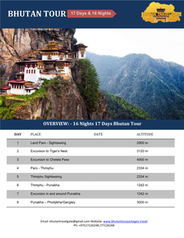 16 Nights 17 Days Bhutan Tour
