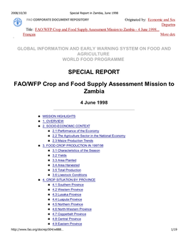 Special Report in Zambia, June 1998 Originated By: Economic and Social Department Title: FAO/WFP Crop and Food Supply Assessment Mission to Zambia - 4 June 1998