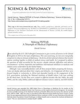 Making PEPFAR: a Triumph of Medical Diplomacy,” Science & Diplomacy, Vol