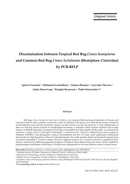 Discrimination Between Tropical Bed Bug Cimex Hemipterus and Common Bed Bug Cimex Lectularius (Hemiptera: Cimicidae) by PCR-RFLP