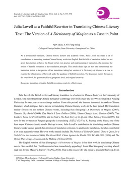 Julia Lovell As a Faithful Rewriter in Translating Chinese Literary Text: the Version of a Dictionary of Maqiao As a Case in Point