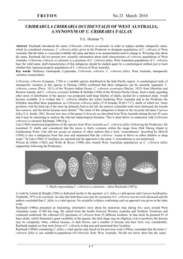 TRITON No 21 March 2010 CRIBRARULA CRIBRARIA OCCIDENTALIS of WEST AUSTRALIA, a SYNONYM of C. CRIBRARIA FALLAX