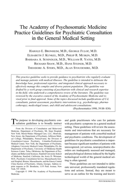 Psychosomatic Medicine Practice Guidelines for Psychiatric Consultation in the General Medical Setting