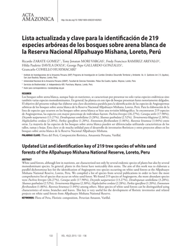 Lista Actualizada Y Clave Para La Identificación De 219 Especies Arbóreas De Los Bosques Sobre Arena Blanca De La Reserva Nacional Allpahuayo Mishana, Loreto, Perú