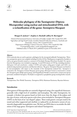 Diptera: Micropezidae) Using Nuclear and Mitochondrial DNA, with a Reclassification of the Genus Taeniaptera Macquart