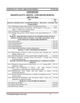 CONTENTS HOSPITALITY, HOTEL and HOTELIERING (BTTM 204) Title Page No