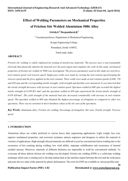 Effect of Welding Parameters on Mechanical Properties of Friction Stir Welded Aluminium 5086 Alloy