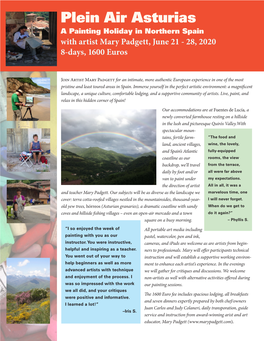 Plein Air Asturias a Painting Holiday in Northern Spain with Artist Mary Padgett, June 21 - 28, 2020 8-Days, 1600 Euros