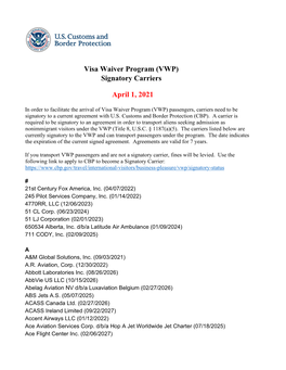 Signatory Visa Waiver Program (VWP) Carriers