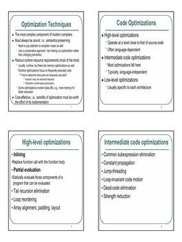 Optimization Techniques Code Optimizations High-Level Optimizations Intermediate Code Optimizations