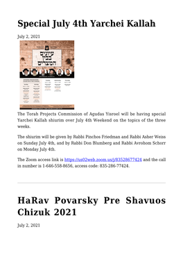 Special July 4Th Yarchei Kallah,Harav Povarsky Pre