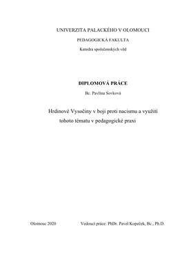 Hrdinové Vysočiny V Boji Proti Nacismu a Využití Tohoto Tématu V Pedagogické Praxi