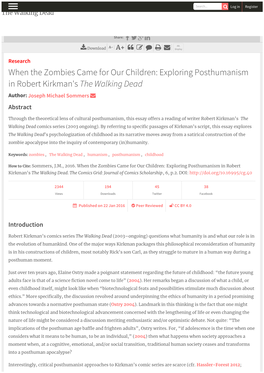 Exploring Posthumanism in Robert Kirkman's the Walking Dead Author: Joseph Michael Sommers  Abstract