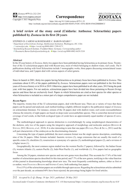 (Cnidaria: Anthozoa: Scleractinia) Papers Published by Zootaxa in Its First 20 Years