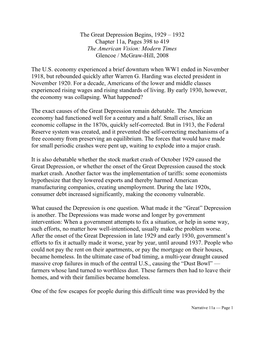 The Great Depression Begins, 1929 – 1932 Chapter 11A, Pages 398 to 419 the American Vision: Modern Times Glencoe / Mcgraw-Hill, 2008