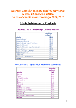 Dowozy Uczniów Zespołu Szkół W Przykonie W Dniu 22 Czerwca 2018 R. Na Zakończenie Roku Szkolnego 2017/2018 Szkoła Podsta