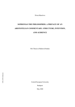 Sophonias the Philosopher. a Preface of an Aristotelian Commentary: Structure, Intention, and Audience