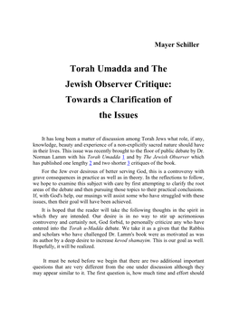 Torah Umadda and the Jewish Observer Critique: Towards a Clarification of the Issues