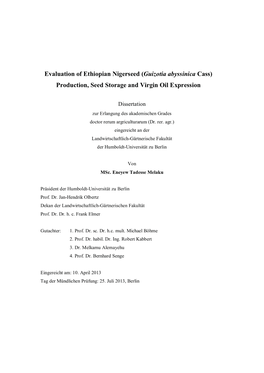 Evaluation of Ethiopian Nigerseed (Guizotia Abyssinica Cass) Production, Seed Storage and Virgin Oil Expression