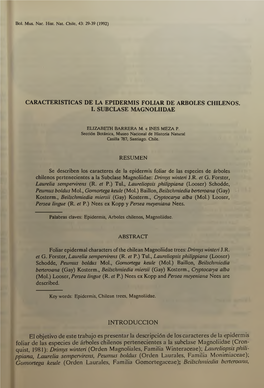 CARACTERISTICAS DE LA EPIDERMIS FOLIAR DE ARBOLES CHILENOS. I. SUBCLASE MAGNOLIIDAE INTRODUCCION El Objetivo De Este Trabajo Es