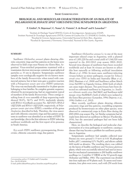 Biological and Molecular Characterization of an Isolate of Pelargonium Zonate Spot Virus Infecting Sunflower in Argentina