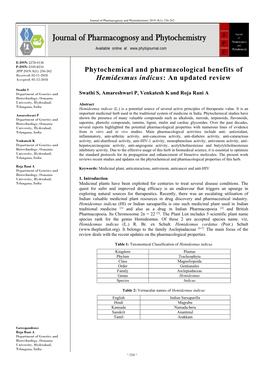 Phytochemical and Pharmacological Benefits of Hemidesmus Indicus