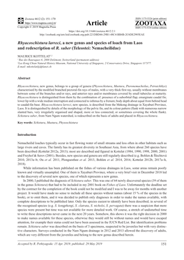 Rhyacoschistura Larreci, a New Genus and Species of Loach from Laos and Redescription of R. Suber (Teleostei: Nemacheilidae)