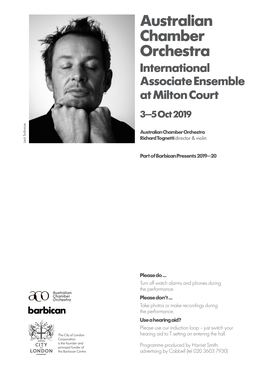 Australian Chamber Orchestra International Associate Ensemble at Milton Court 3–5 Oct 2019