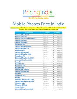 Mobile Phones Price in India Pricingindia.In – India’S 1St Price Comparison Website Allow You to Find the Best Price Online in India