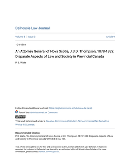 An Attorney General of Nova Scotia, JSD Thompson, 1878-1882