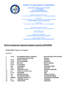 COMITATO REGIONALE LOMBARDIA Gironi Campionati Regionali Stagione Sportiva 2019/2020