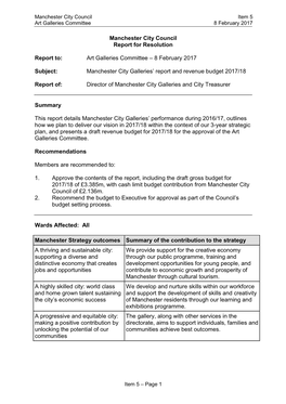 Report on the City Galleries Revenue Budget 2017/18