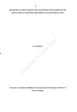 Biochemical Indicators of the Transportation Stress of the South African Abalone (Perlemoen), Haliotis Midae, Linn