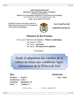 Etude D'adaptation Des Variétés De La Culture De Fraise Aux Conditions Agro