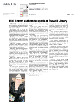 Well Known Authors to Speak at Stawell Library