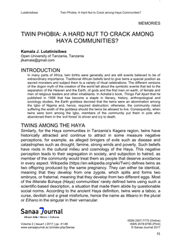 Twin Phobia: a Hard Nut to Crack Among Haya Communities?