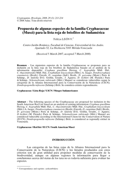 Propuesta De Algunas Especies De La Familia Cryphaeaceae (Musci) Para La Lista Roja De Briofitos De Sudamérica